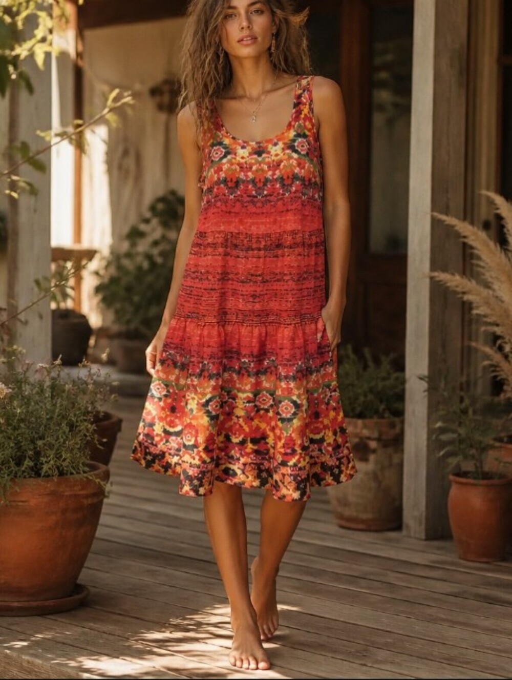 SHEIN Red Floral Tiered Sleeveless Dress